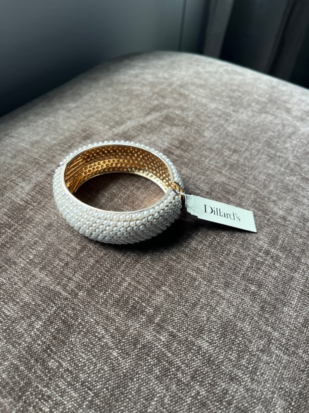 Pearl-Embellished Gold Bangle Bracelet - White